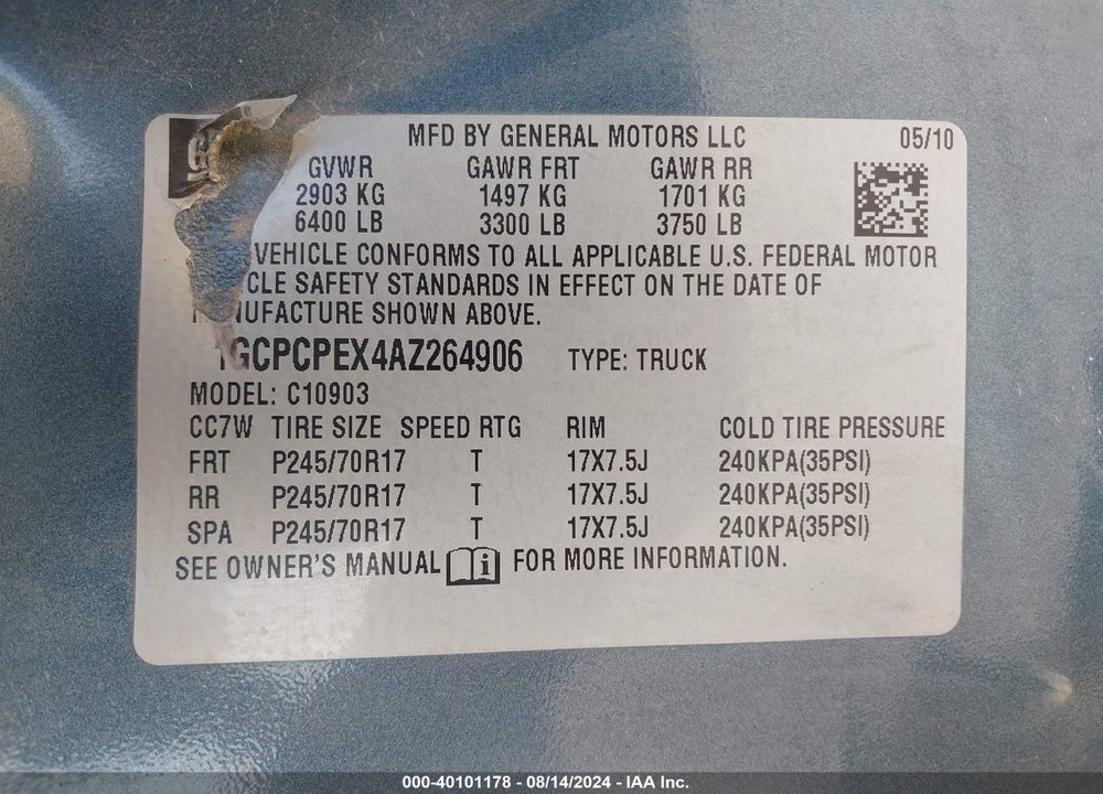2010 CHEVROLET SILVERADO 1500 WORK TRUCK VIN: 1GCPCPEX4AZ264906