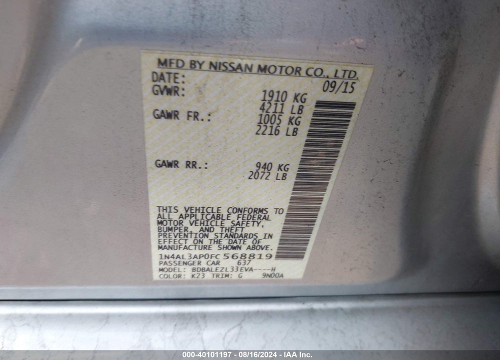 2015 NISSAN ALTIMA 2.5 S VIN: 1N4AL3AP0FC568819