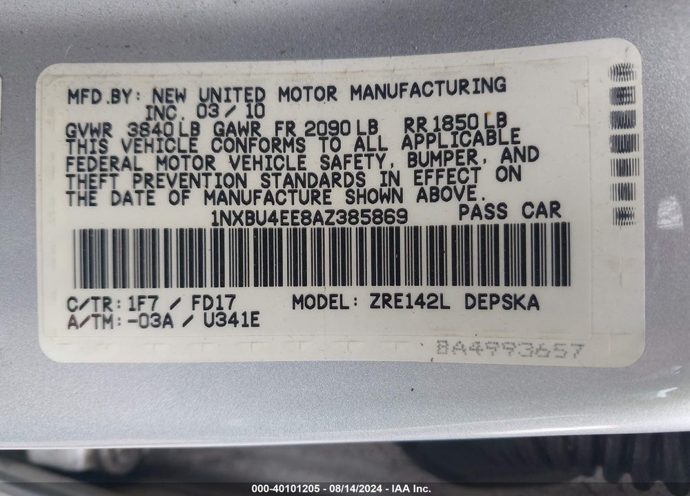 2010 TOYOTA COROLLA S VIN: 1NXBU4EE8AZ385869