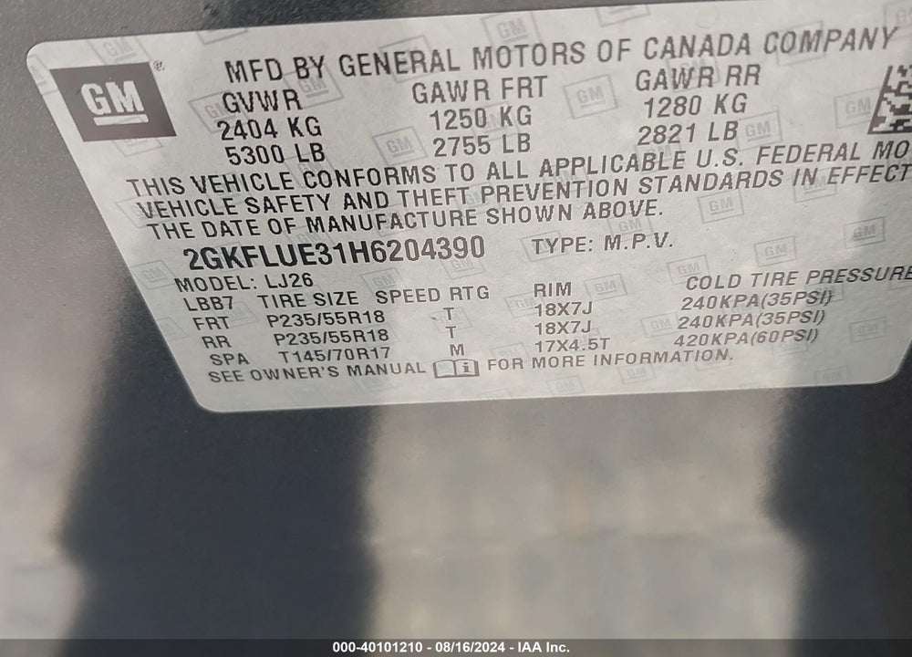 2017 GMC TERRAIN SLT VIN: 2GKFLUE31H6204390