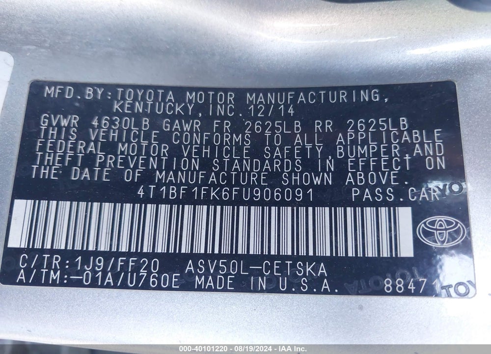 2015 TOYOTA CAMRY SE VIN: 4T1BF1FK6FU906091