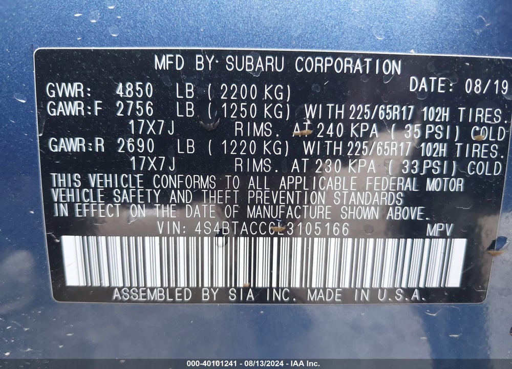 2020 SUBARU OUTBACK PREMIUM VIN: 4S4BTACC6L3105166