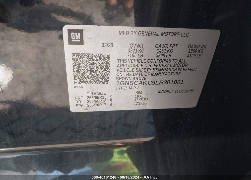 2020 CHEVROLET TAHOE 2WD LS VIN: 1GNSCAKC9LR301001