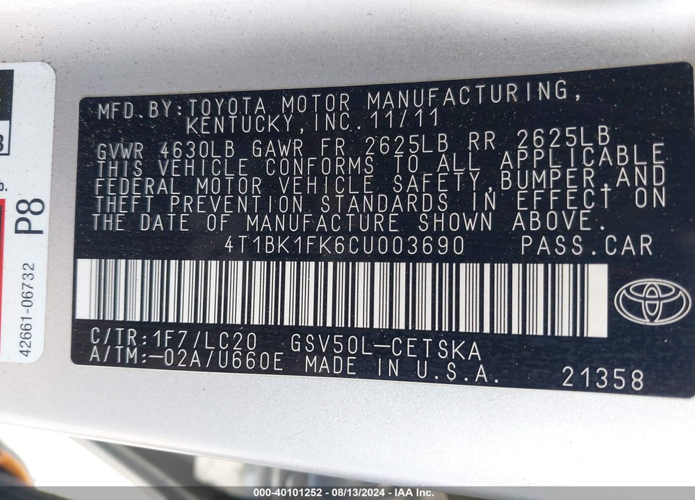 2012 TOYOTA CAMRY SE V6 VIN: 4T1BK1FK6CU003690