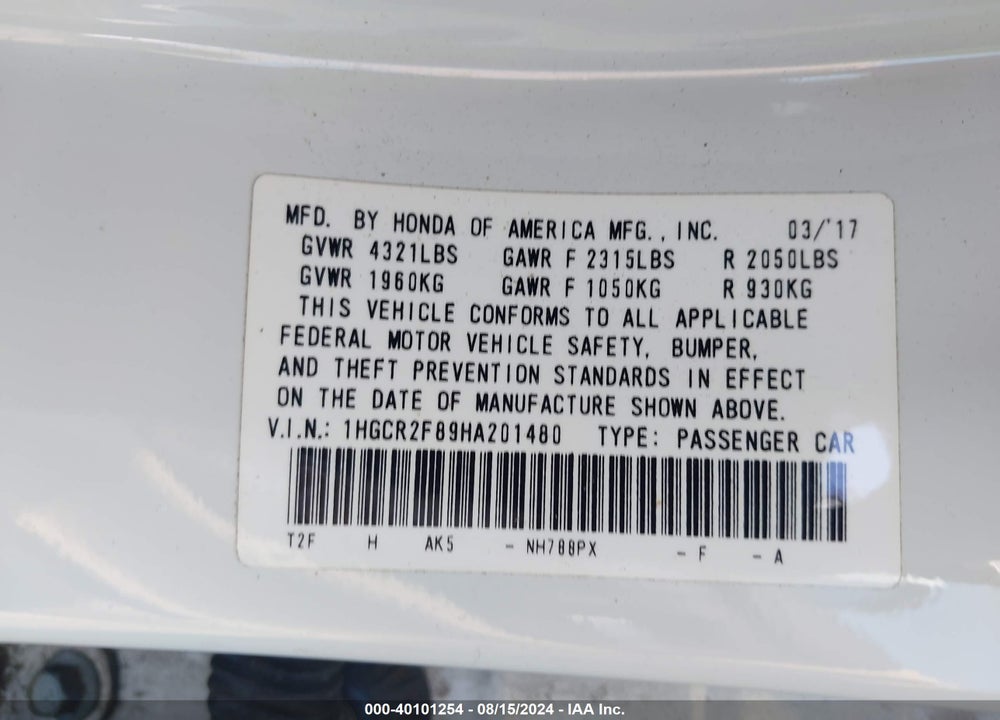2017 HONDA ACCORD EX-L VIN: 1HGCR2F89HA201480