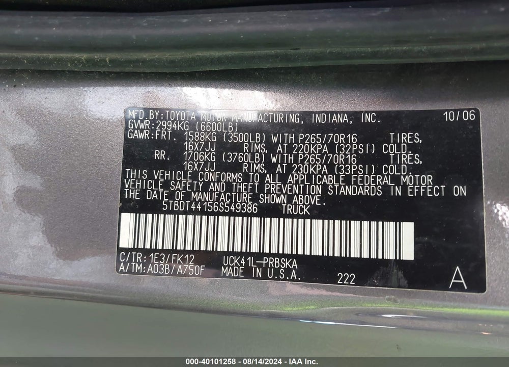 2006 TOYOTA TUNDRA SR5 V8 VIN: 5TBDT44156S549386