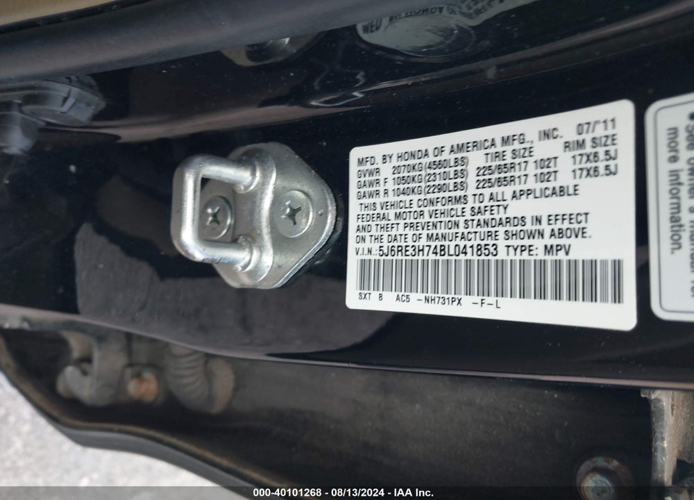 2011 HONDA CR-V EX-L VIN: 5J6RE3H74BL041853