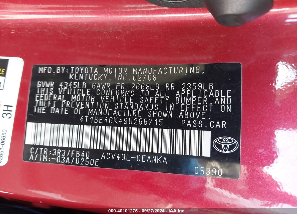 2009 TOYOTA CAMRY LE VIN: 4T1BE46K49U266715