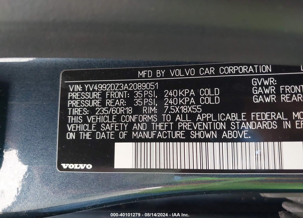 2010 VOLVO XC60 T6/T6 R-DESIGN VIN: YV4992DZ3A2089051