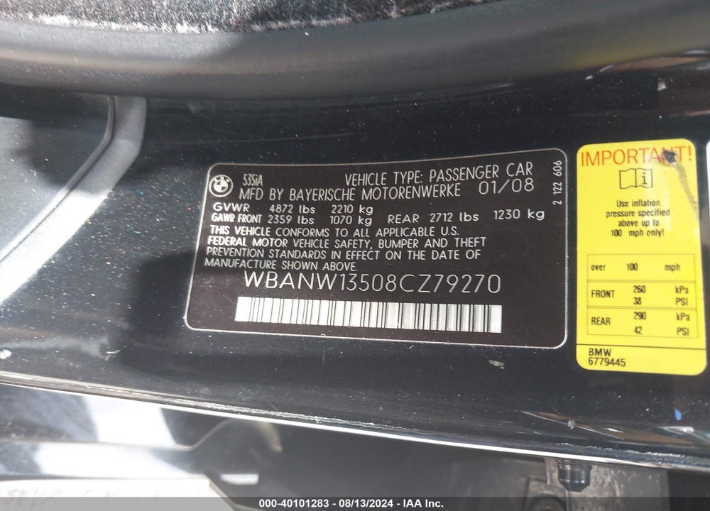 2008 BMW 535I VIN: WBANW13508CZ79270