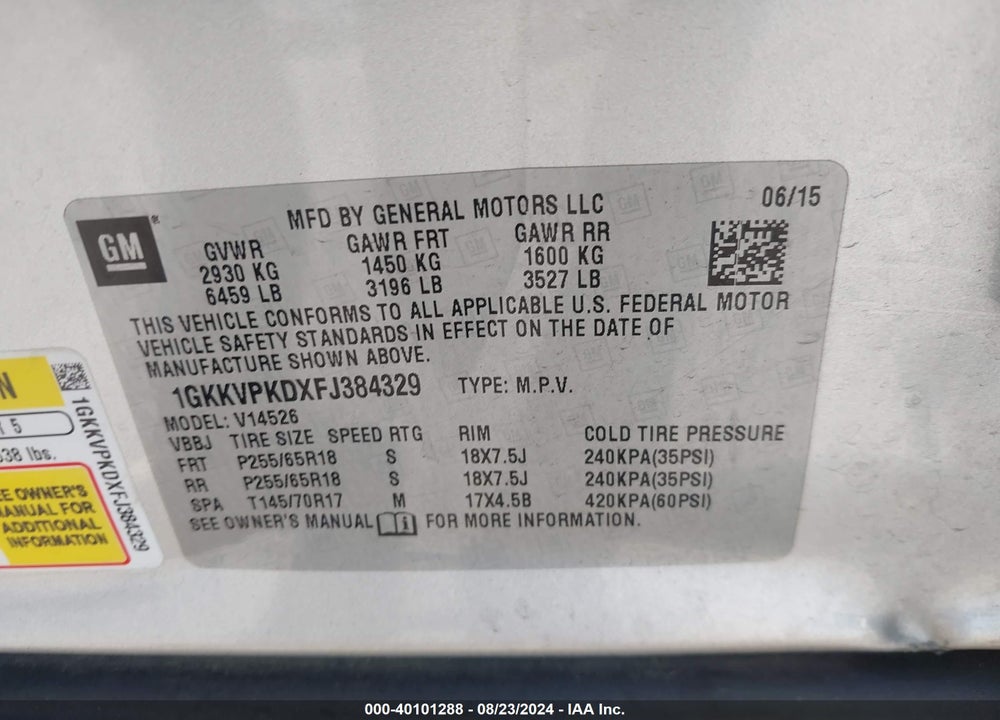 2015 GMC ACADIA SLE-2 VIN: 1GKKVPKDXFJ384329