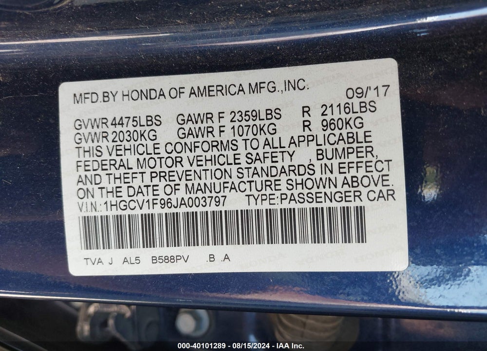 2018 HONDA ACCORD TOURING VIN: 1HGCV1F96JA003797