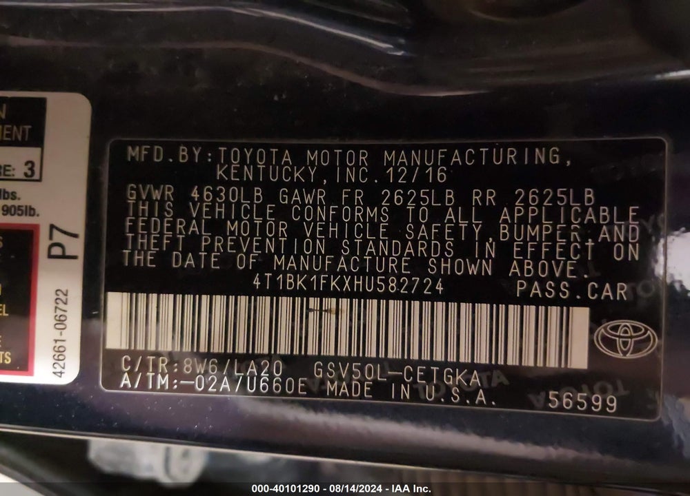 2017 TOYOTA CAMRY VIN: 4T1BK1FKXHU582724