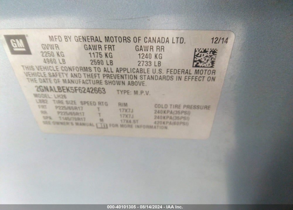 2015 CHEVROLET EQUINOX 1LT VIN: 2GNALBEK5F6242663