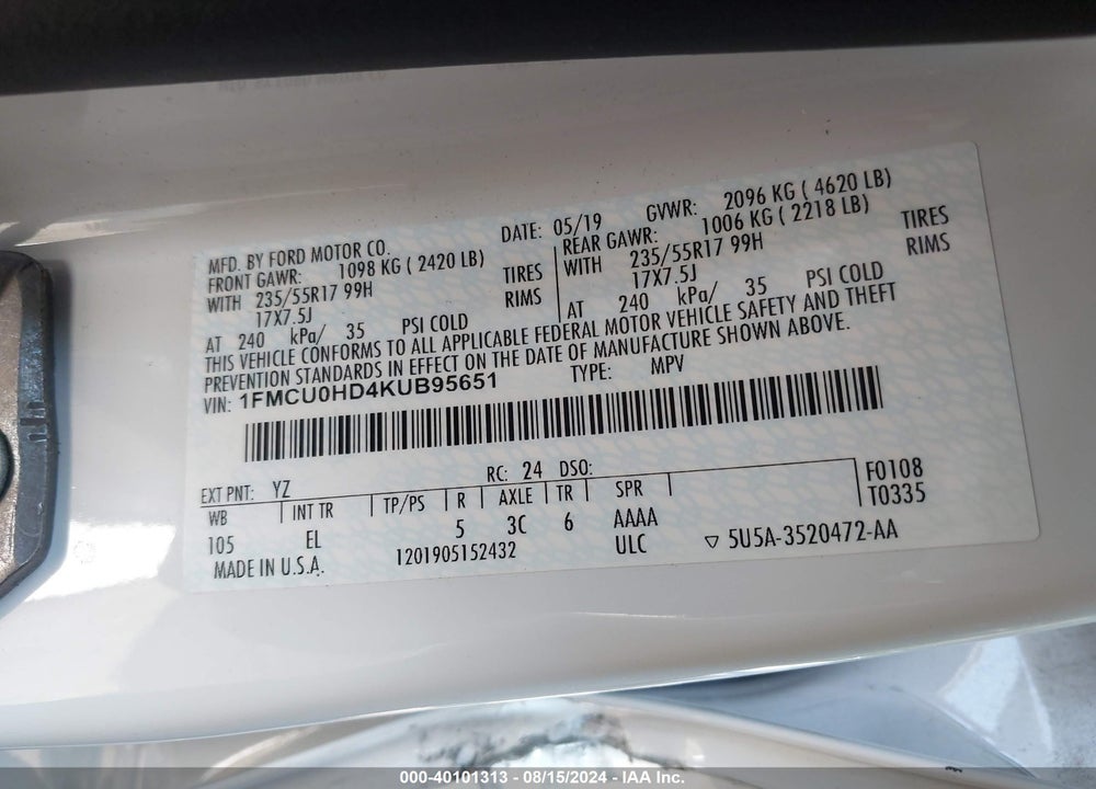 2019 FORD ESCAPE VIN: 1FMCU0HD4KUB95651