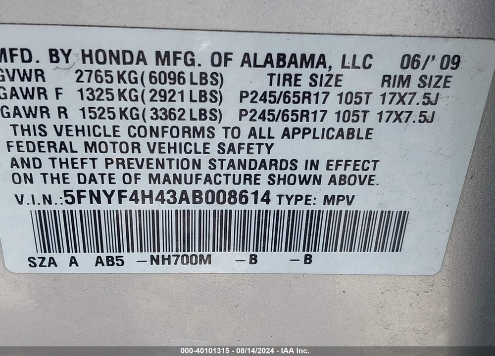 2010 HONDA PILOT EX VIN: 5FNYF4H43AB008614