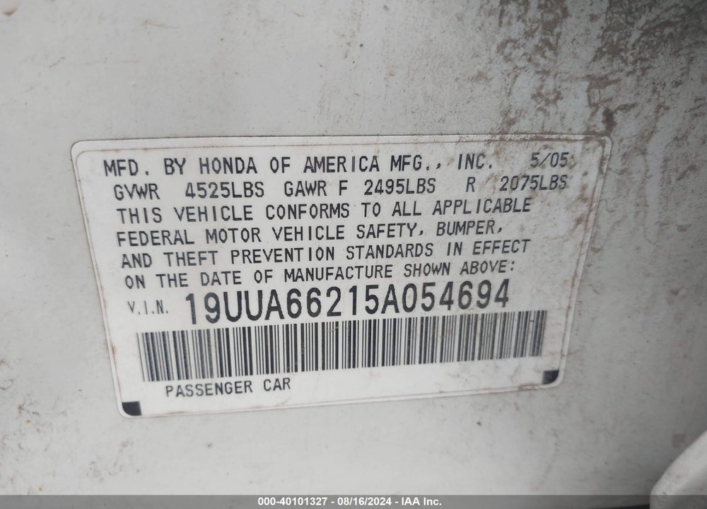 2005 ACURA TL VIN: 19UUA66215A054694
