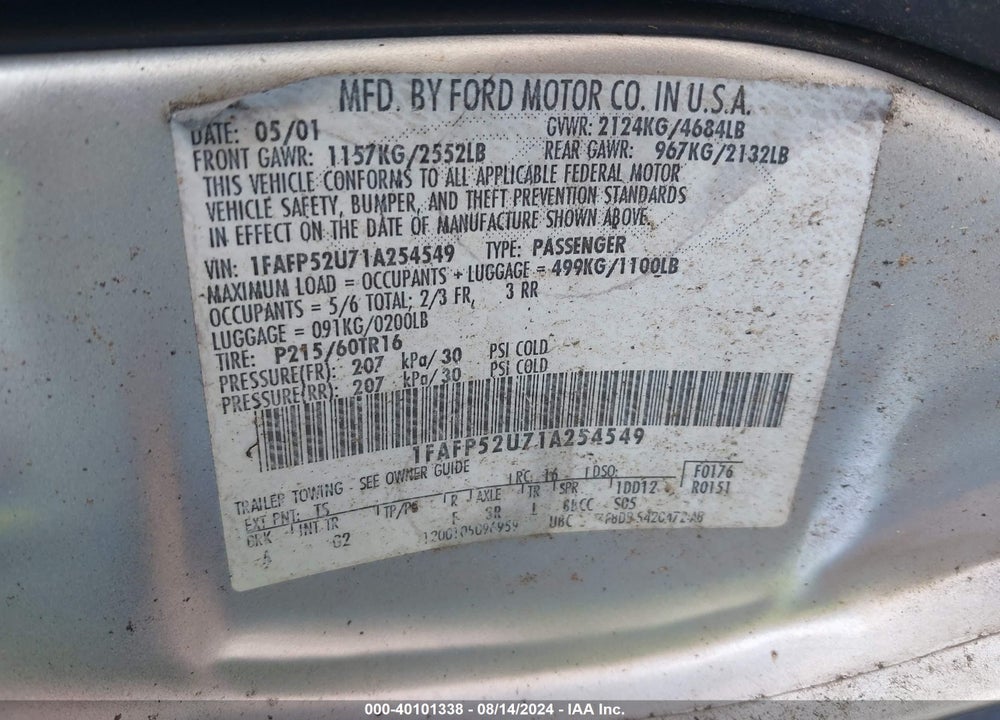 2001 FORD TAURUS LX VIN: 1FAFP52U71A254549