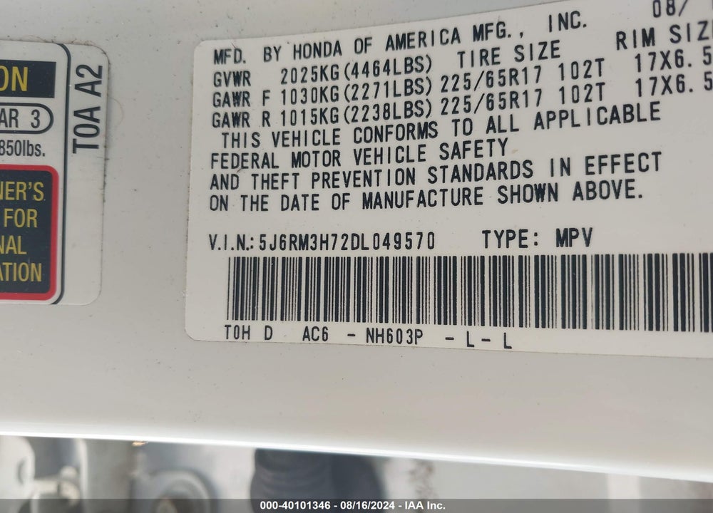 2013 HONDA CR-V EX-L VIN: 5J6RM3H72DL049570