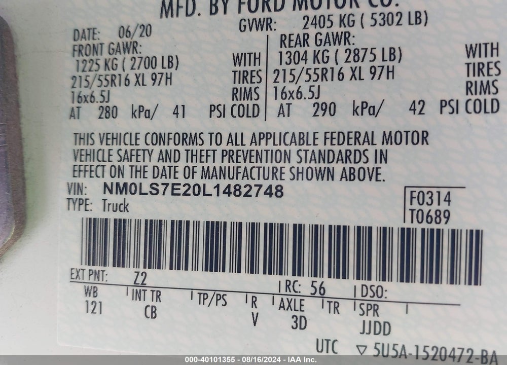 2020 FORD TRANSIT CONNECT XL VIN: NM0LS7E20L1482748