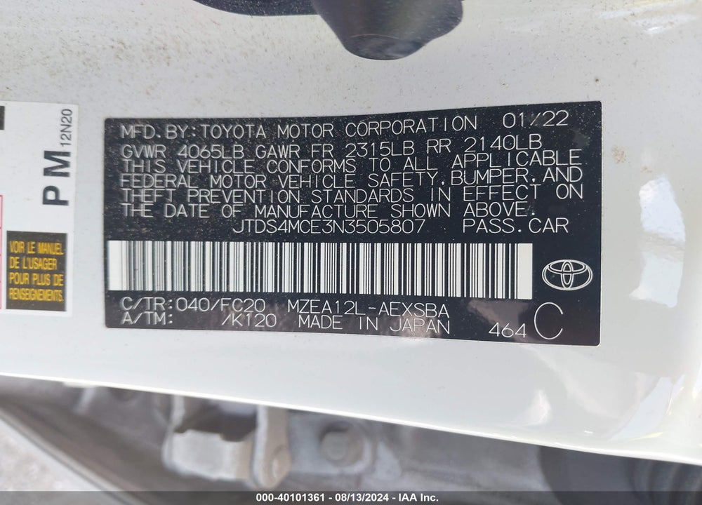 2022 TOYOTA COROLLA SE VIN: JTDS4MCE3N3505807