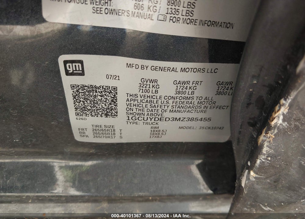 2021 CHEVROLET SILVERADO 1500 4WD STANDARD BED LT VIN: 1GCUYDED3MZ385455