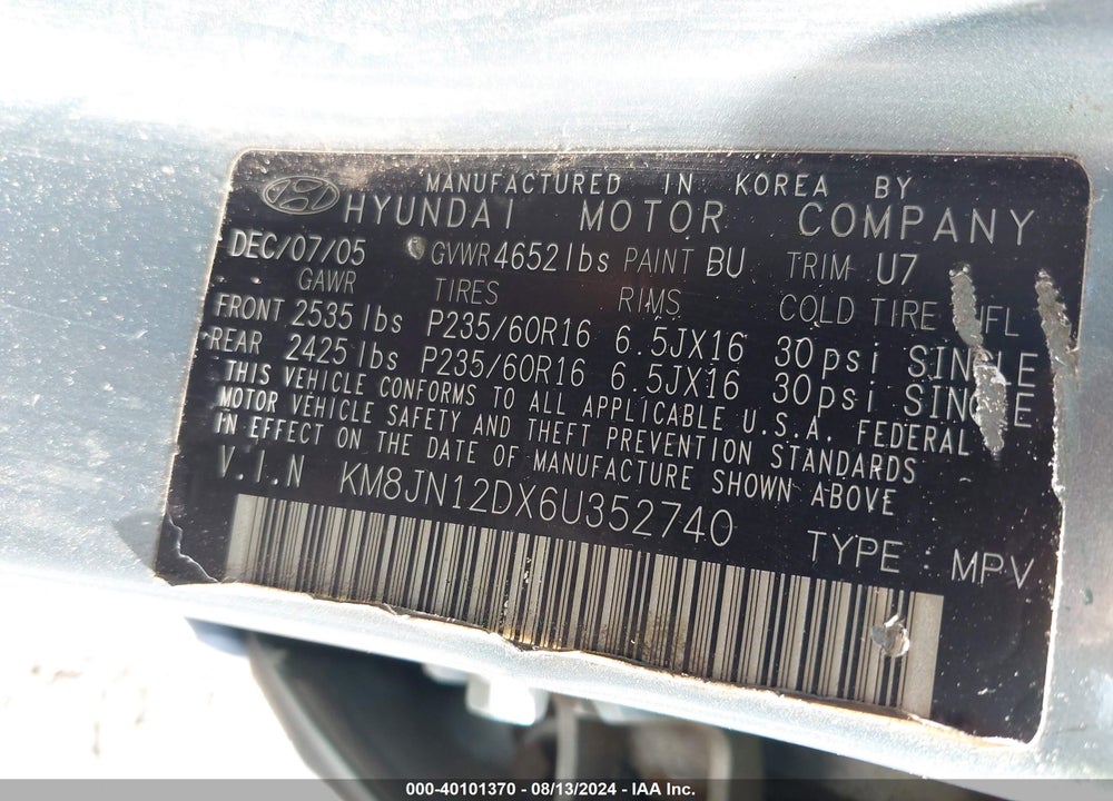 2006 HYUNDAI TUCSON GLS/LIMITED VIN: KM8JN12DX6U352740