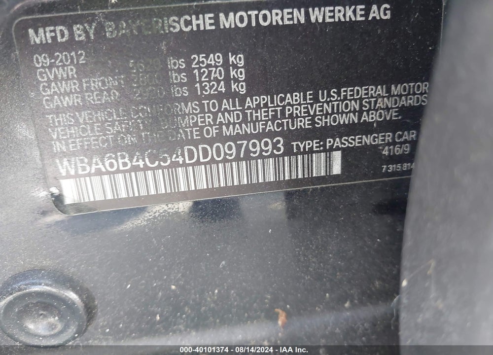 2013 BMW 650I GRAN COUPE XDRIVE VIN: WBA6B4C54DD097993