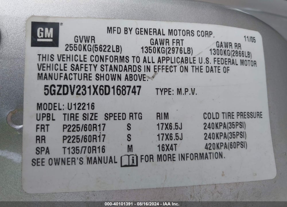 2006 SATURN RELAY 3 VIN: 5GZDV231X6D168747