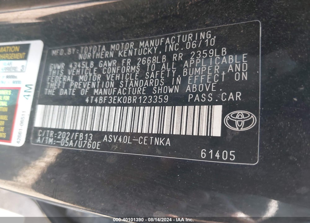 2011 TOYOTA CAMRY LE VIN: 4T4BF3EK0BR123359