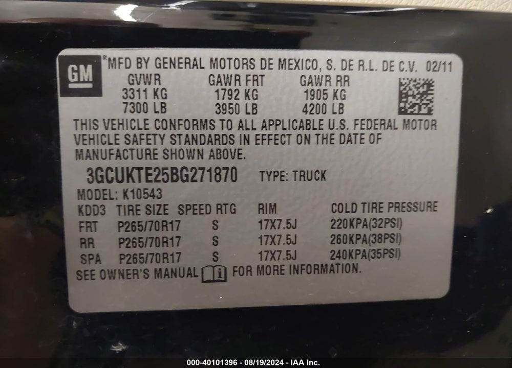 2011 CHEVROLET SILVERADO 1500 LTZ VIN: 3GCUKTE25BG271870