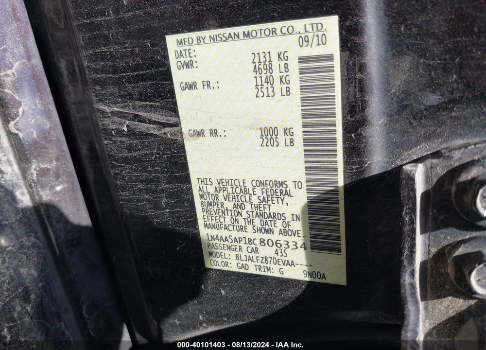 2011 NISSAN MAXIMA 3.5 SV VIN: 1N4AA5AP1BC806334
