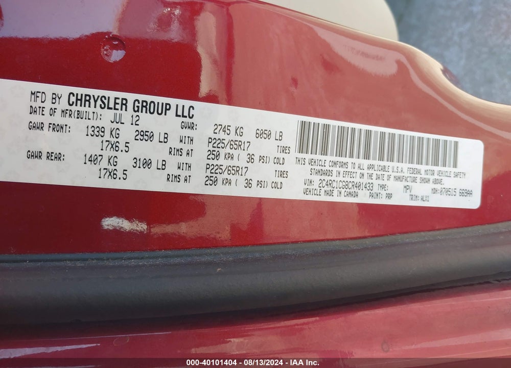 2012 CHRYSLER TOWN & COUNTRY TOURING-L VIN: 2C4RC1CG8CR401433