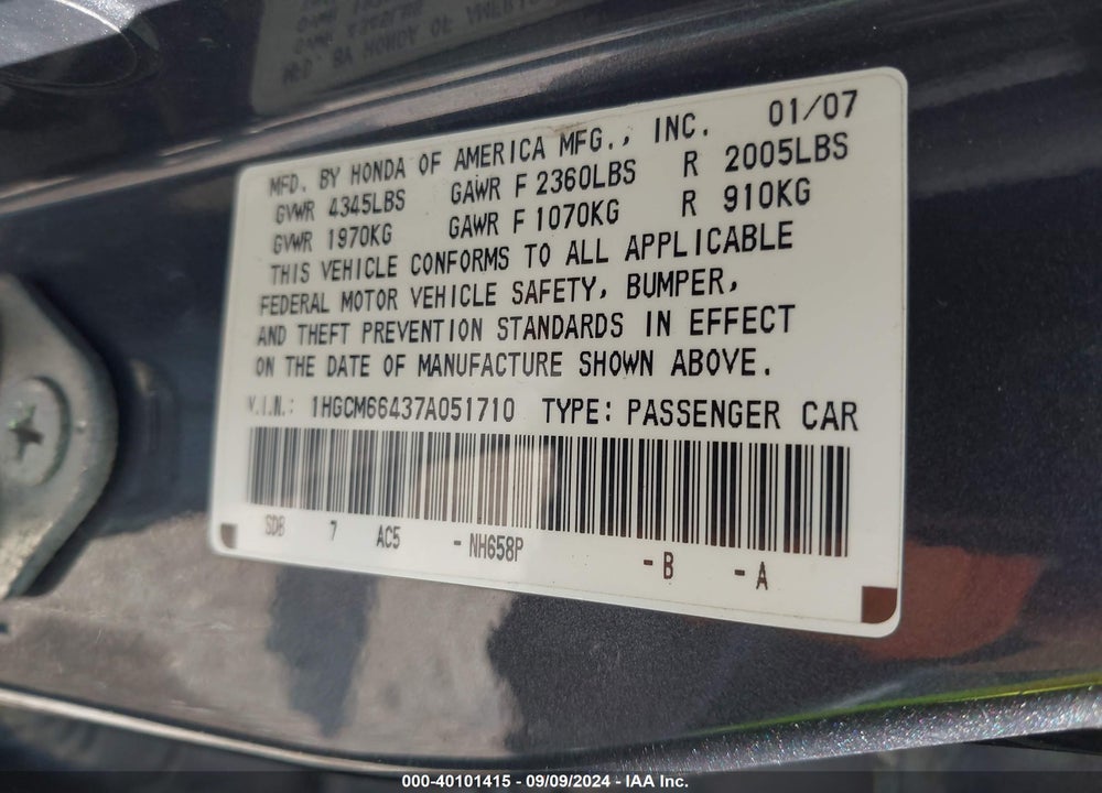 2007 HONDA ACCORD 3.0 SE VIN: 1HGCM66437A051710
