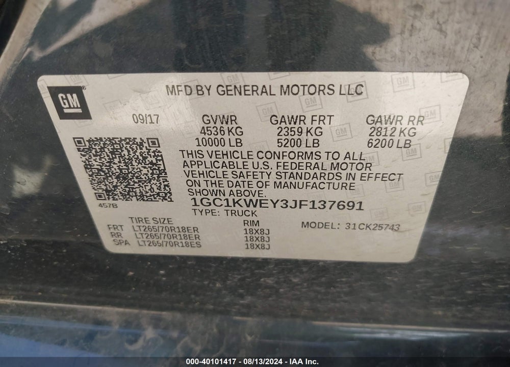 2018 CHEVROLET SILVERADO 2500HD LTZ VIN: 1GC1KWEY3JF137691
