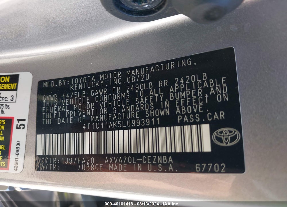 2020 TOYOTA CAMRY LE VIN: 4T1C11AK5LU993911