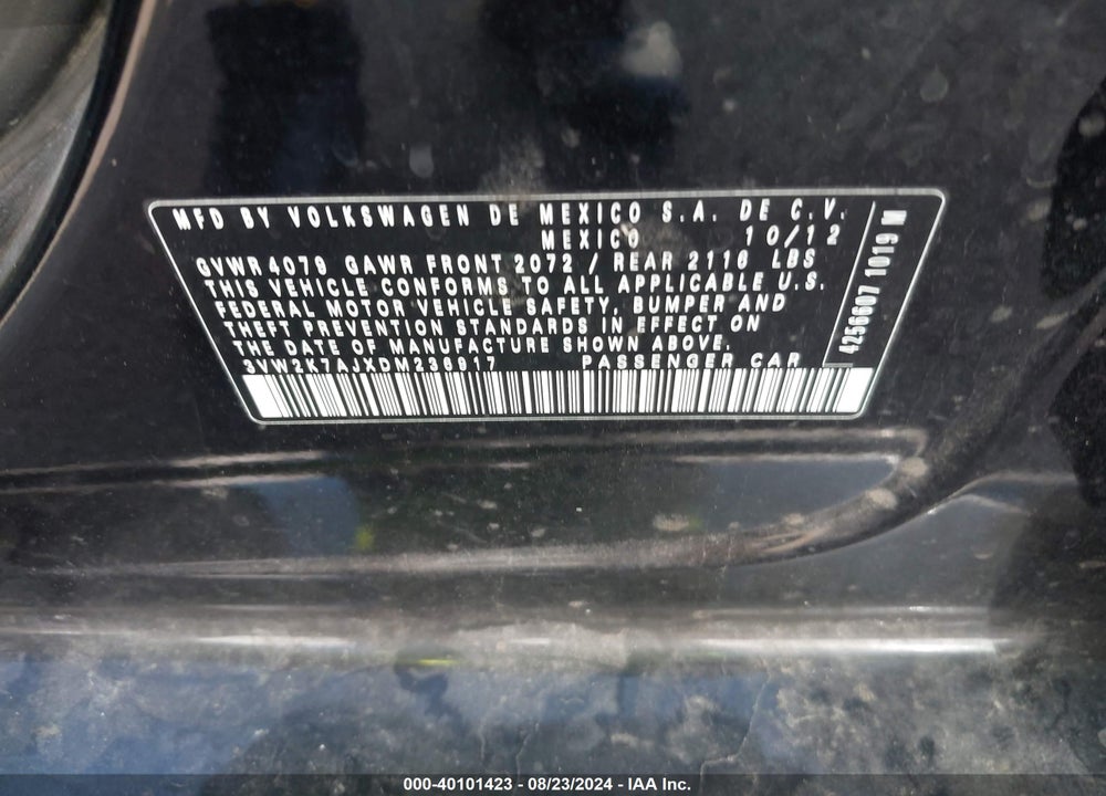 2013 VOLKSWAGEN JETTA VIN: 3VW2K7AJXDM236917
