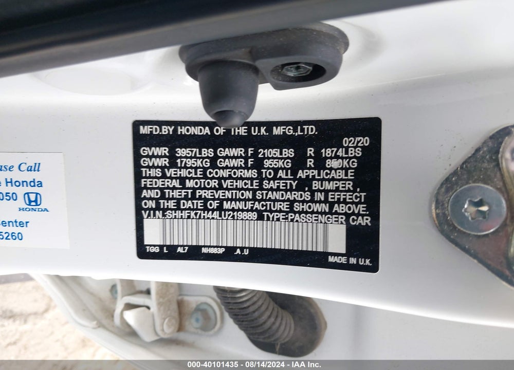 2020 HONDA CIVIC SPORT VIN: SHHFK7H44LU219889