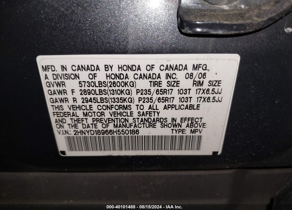 2006 ACURA MDX VIN: 2HNYD18966H550186