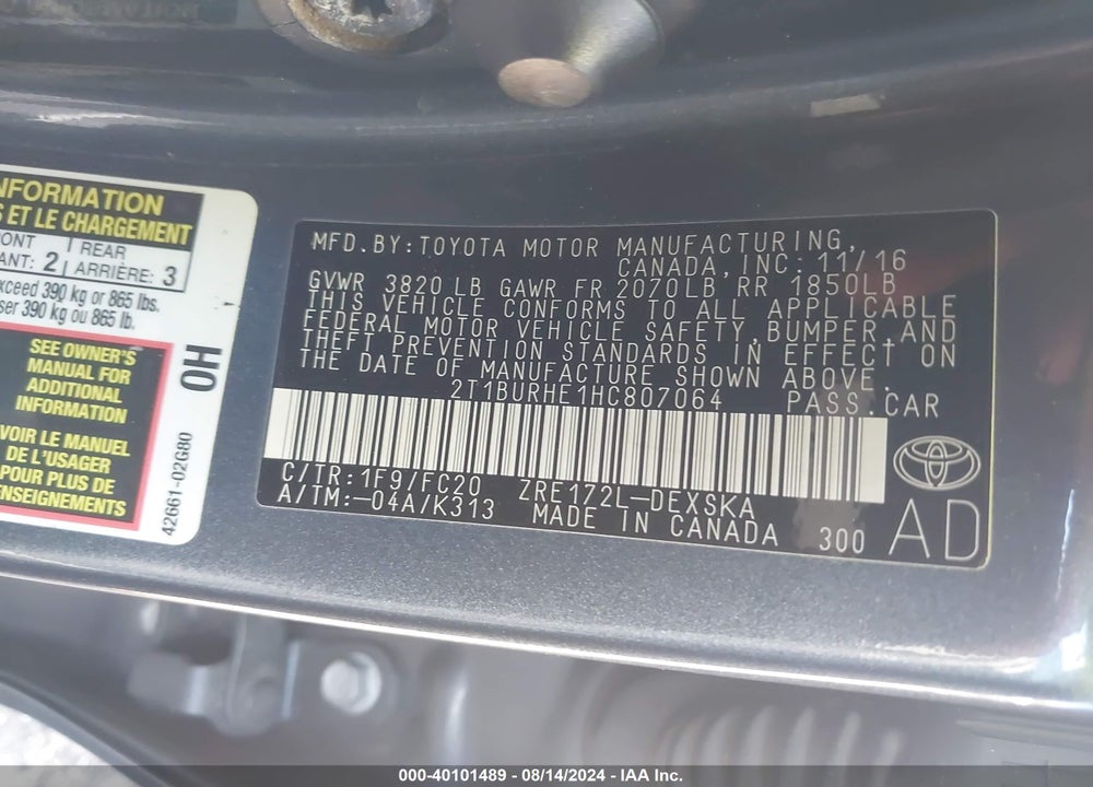 2017 TOYOTA COROLLA SE VIN: 2T1BURHE1HC807064