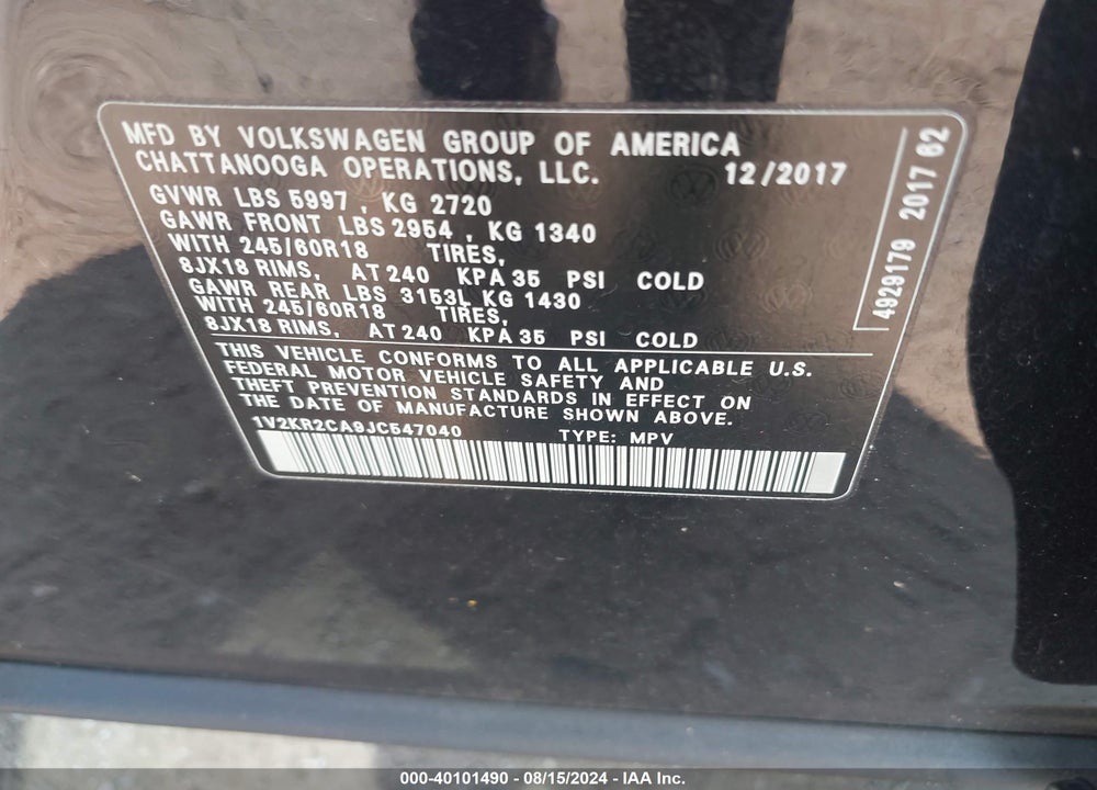2018 VOLKSWAGEN ATLAS 3.6L V6 SE VIN: 1V2KR2CA9JC547040