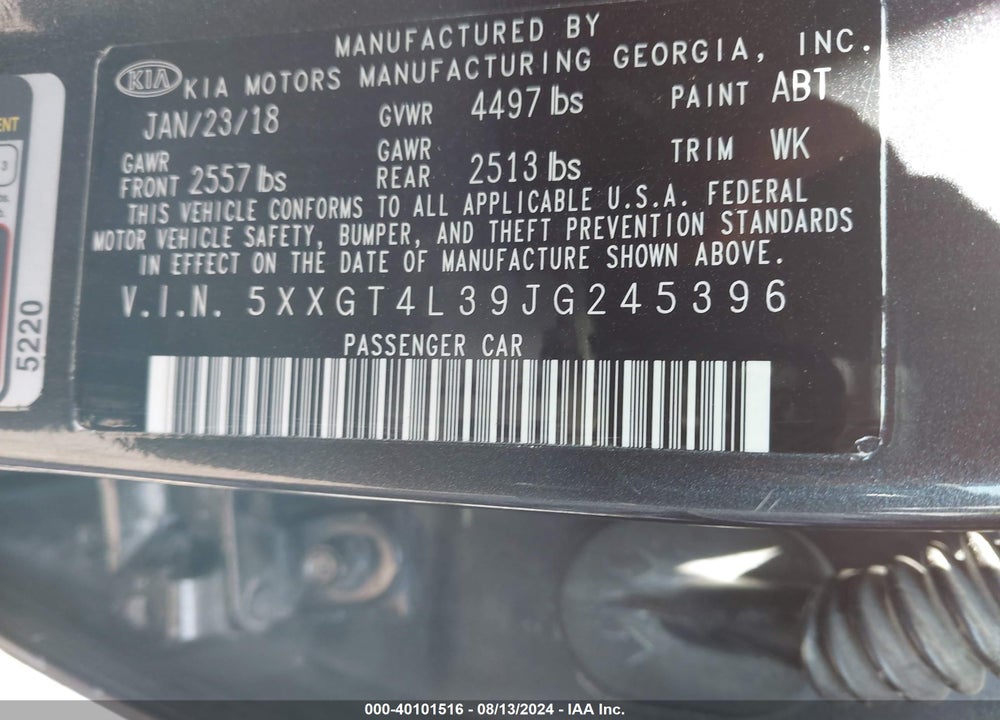 2018 KIA OPTIMA S VIN: 5XXGT4L39JG245396