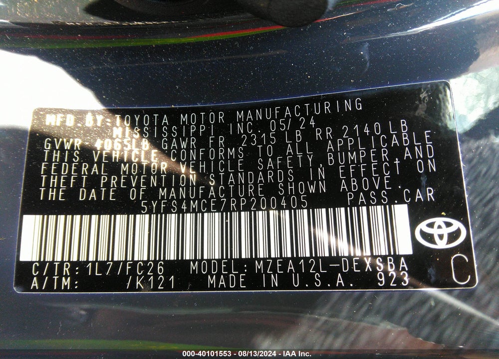 2024 TOYOTA COROLLA SE VIN: 5YFS4MCE7RP200405