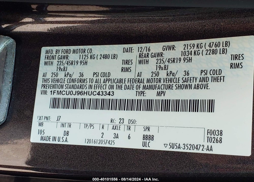 2017 FORD ESCAPE TITANIUM VIN: 1FMCU0J96HUC43343