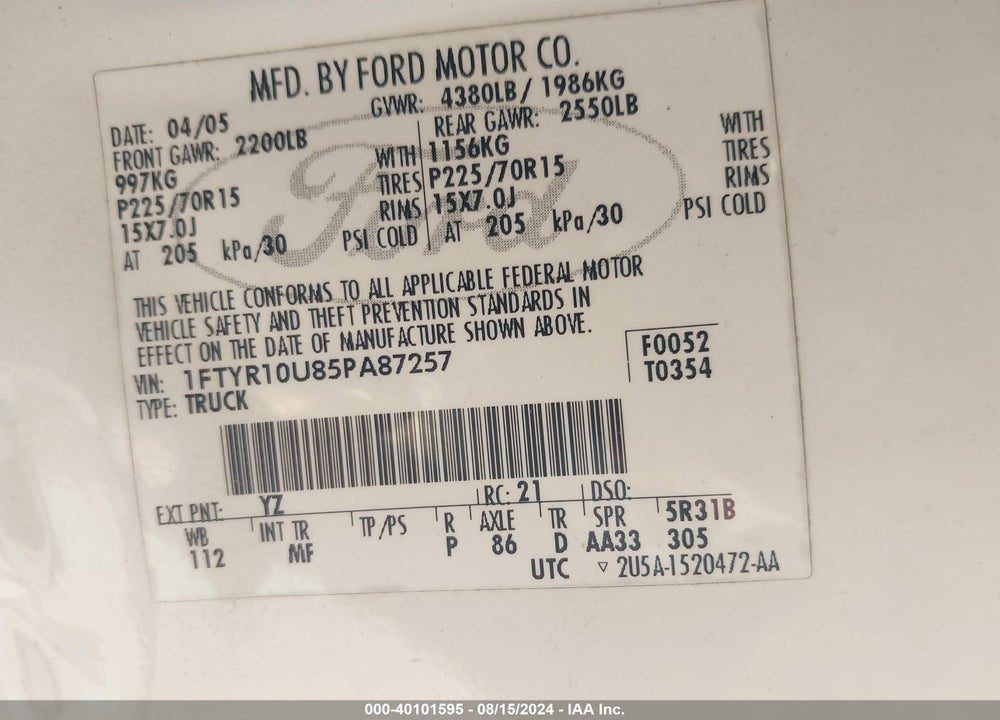 2005 FORD RANGER EDGE/STX/XL/XLS/XLT VIN: 1FTYR10U85PA87257