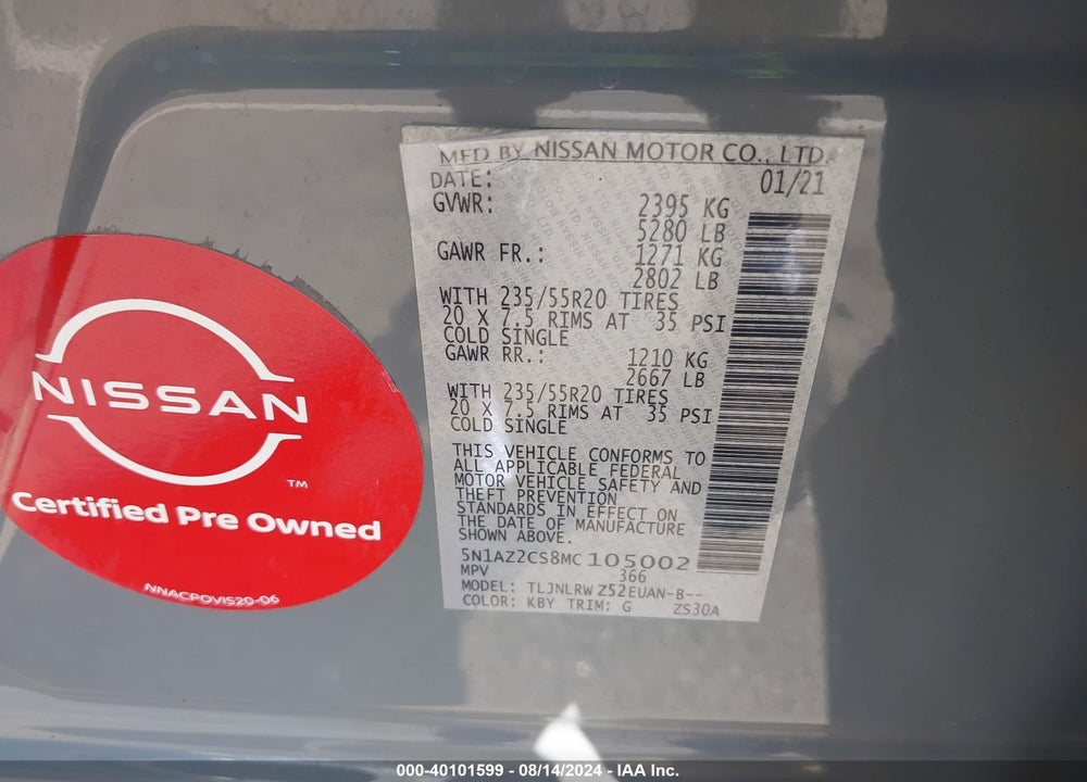 2021 NISSAN MURANO SL INTELLIGENT AWD VIN: 5N1AZ2CS8MC105002