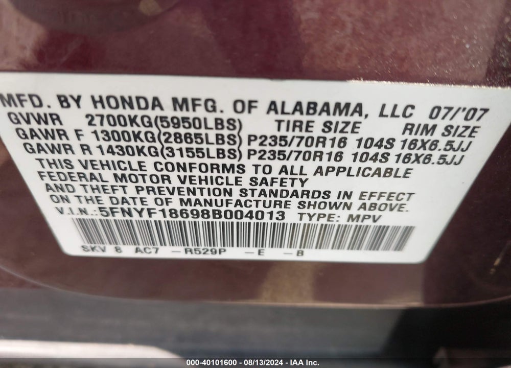 2008 HONDA PILOT EX-L VIN: 5FNYF18698B004013
