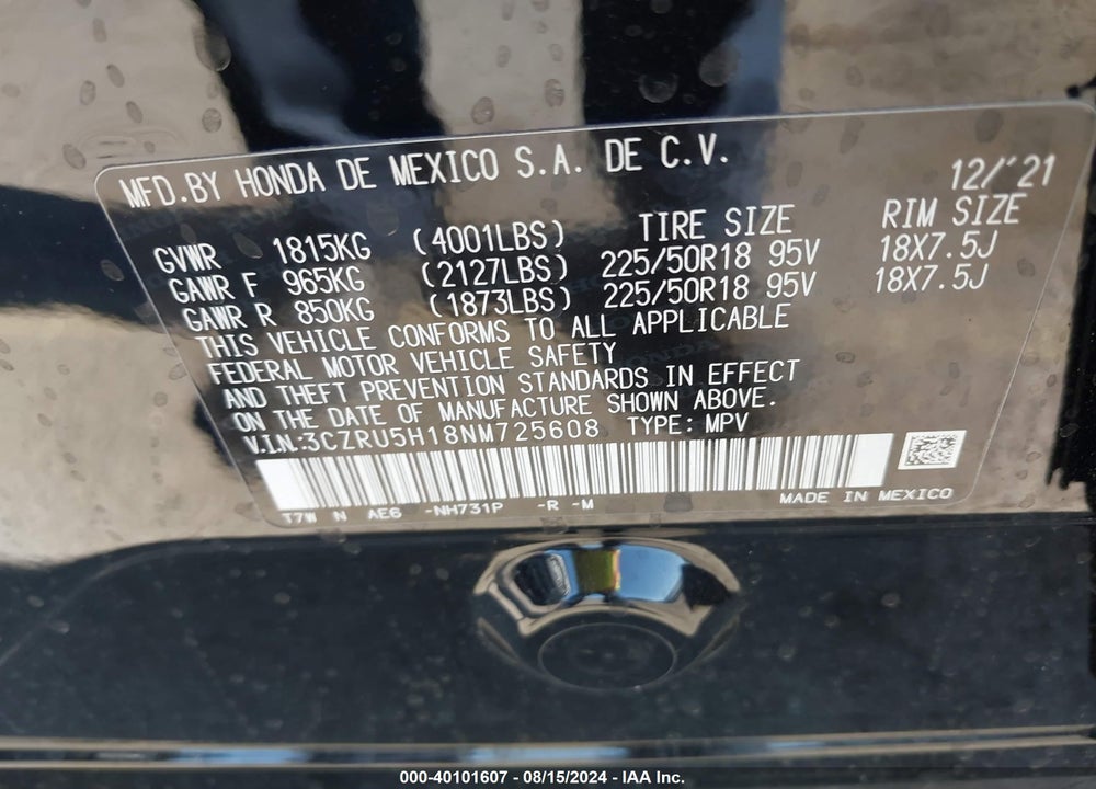 2022 HONDA HR-V 2WD SPORT VIN: 3CZRU5H18NM725608