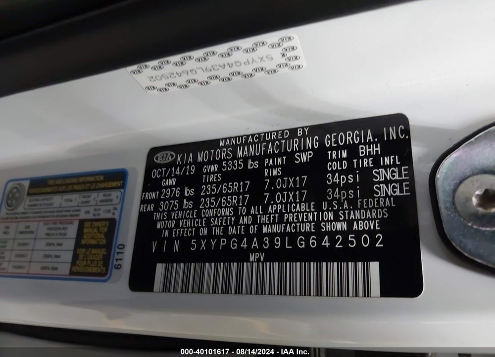 2020 KIA SORENTO 2.4L LX VIN: 5XYPG4A39LG642502