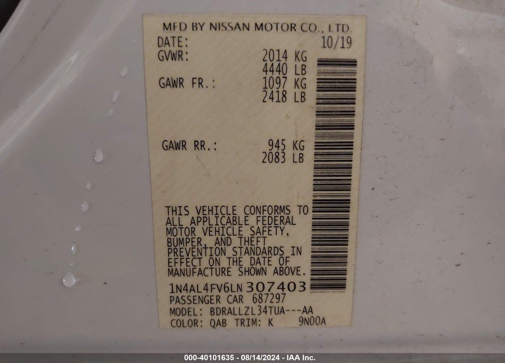 2020 NISSAN ALTIMA PLATINUM VC-TURBO FWD VIN: 1N4AL4FV6LN307403